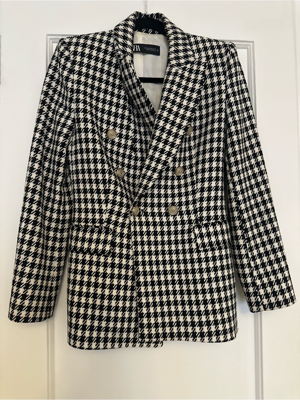 Zara Black & White Houndstooth Double-Breasted Blazer with Gold Buttons